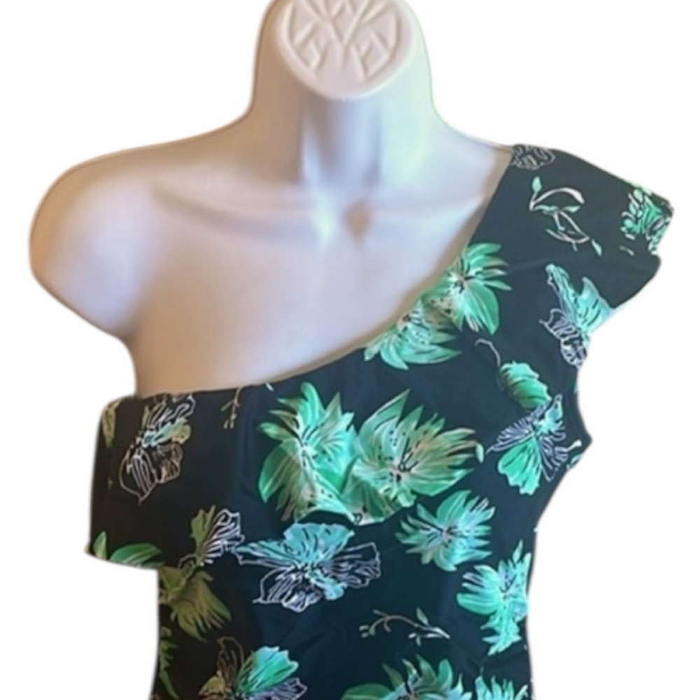 Hilor One Piece Asymmetric One Shoulder Bathing Suit Black/Green Womens Size 10 - Picture 6 of 15